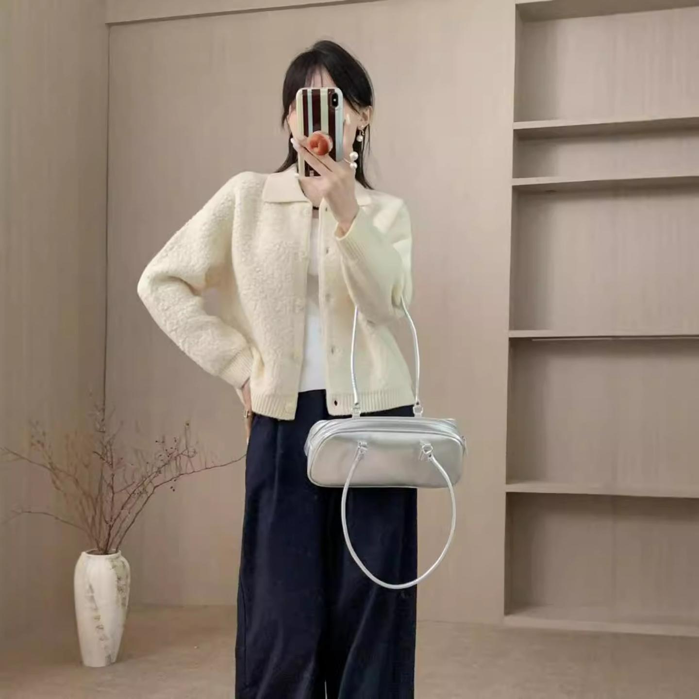 普洛克新款 羊毛短款羊羔毛外套女加厚宽松翻领重磅针织开衫毛衣