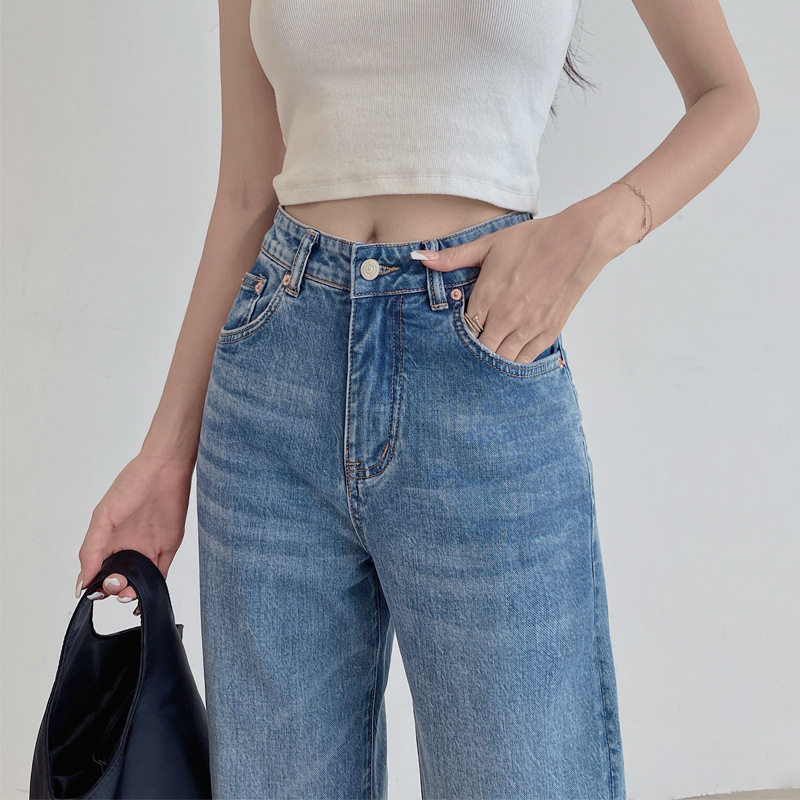 普洛克正品版复古蓝女士牛仔裤薄款阔腿高腰宽松显瘦直筒垂感直供