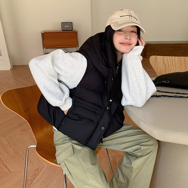 普洛克正品版冬季新款羽绒马甲女连帽短款休闲外穿马夹宽松高级感