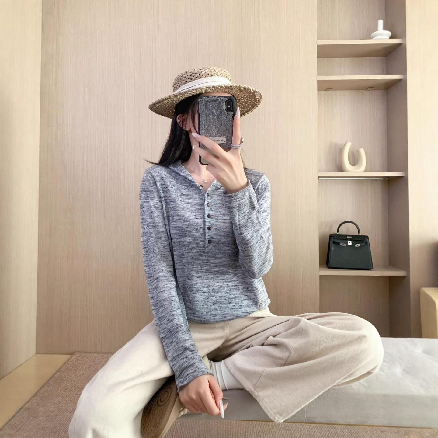 普洛克新款 缎彩麻连帽卫衣款针织衫女长袖春夏薄款百搭运动休闲