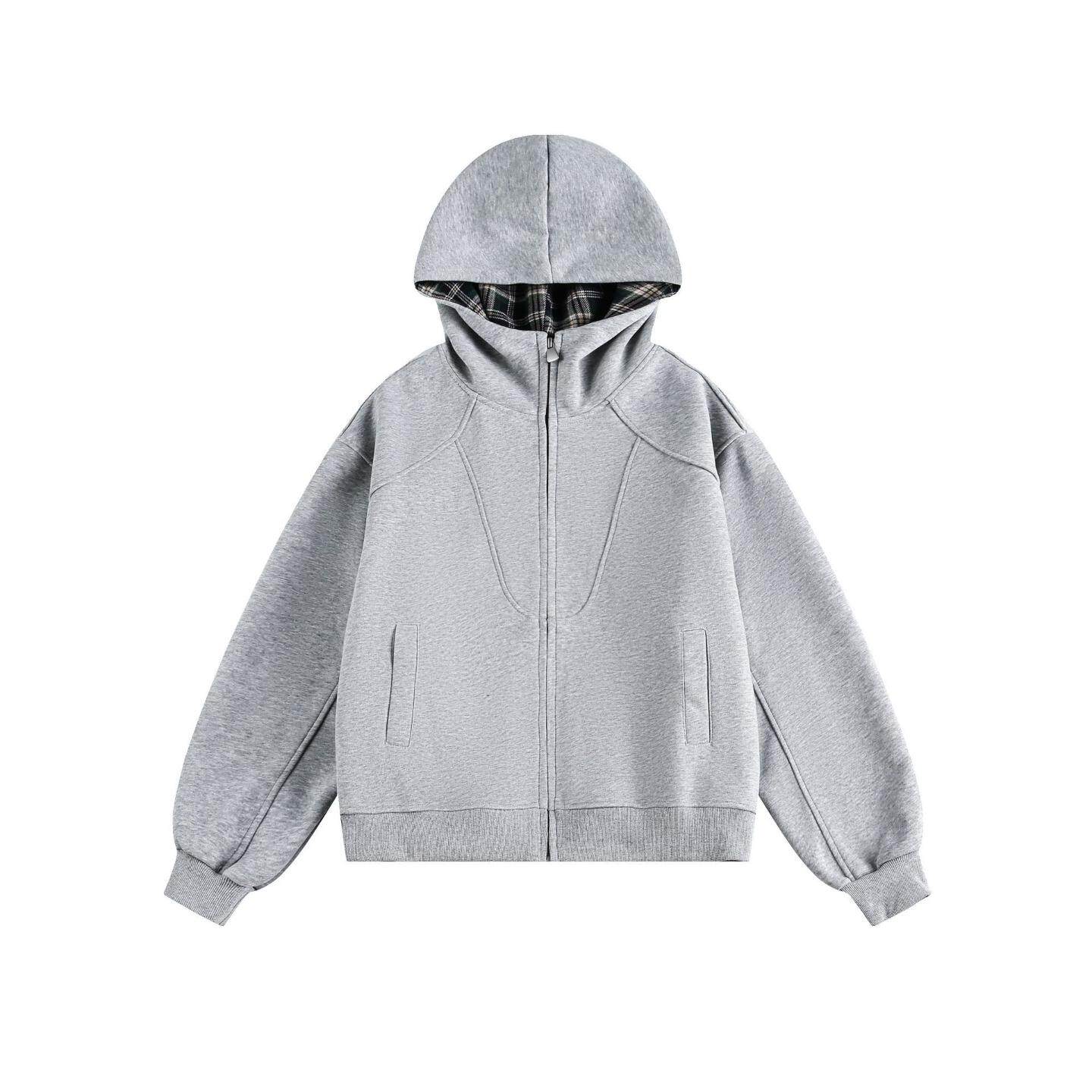 普洛克正品 美式复古解构拼接连帽开衫卫衣男女纯色短款帽衫秋