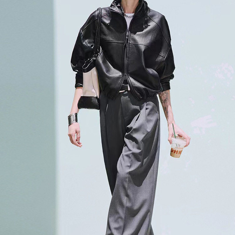 普洛克正品皮衣欧美风简约领口下摆抽绳设计新西兰泡皮夹克外套女