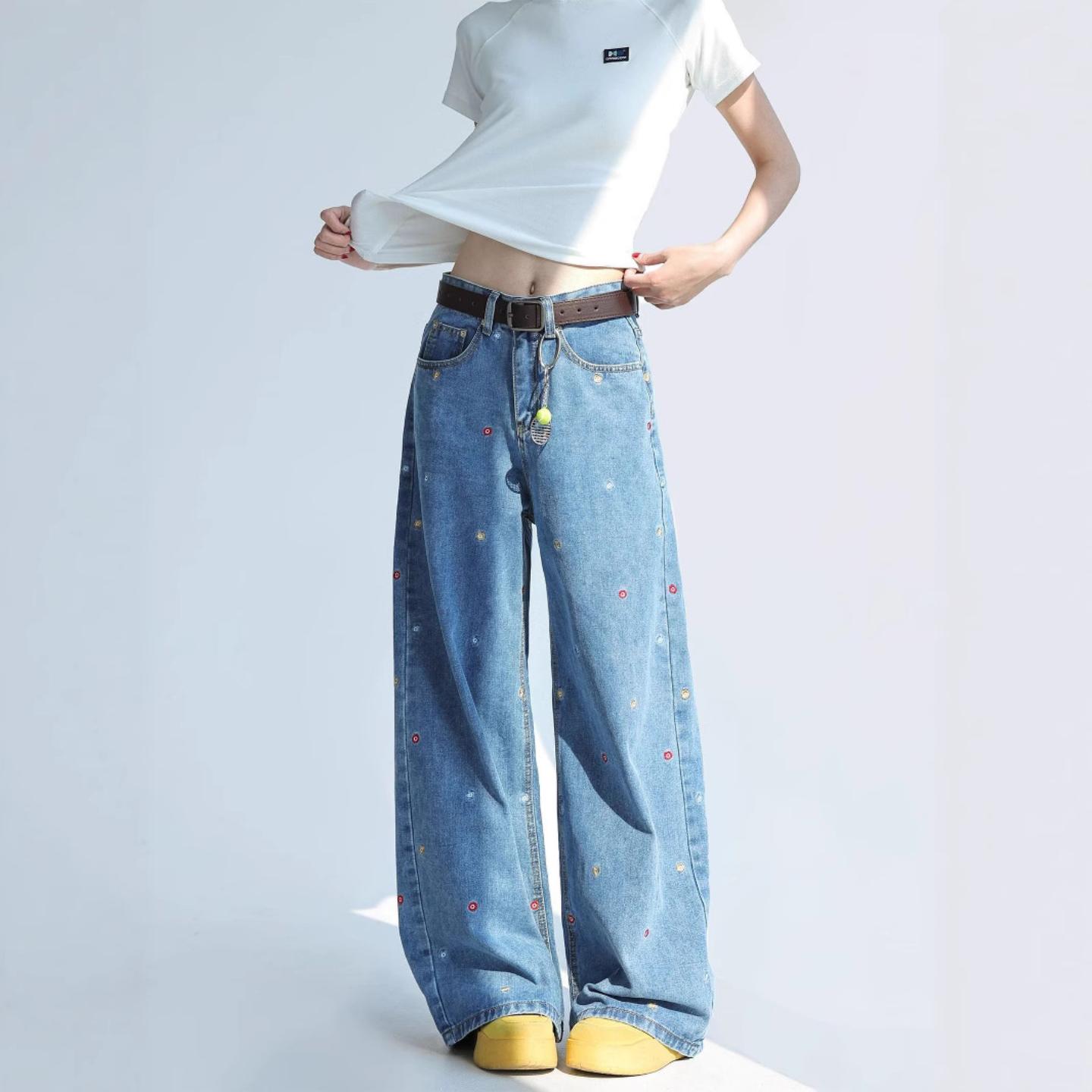 普洛克新款 彩色小碎花刺绣直筒牛仔裤女宽松阔腿裤百搭休闲长裤