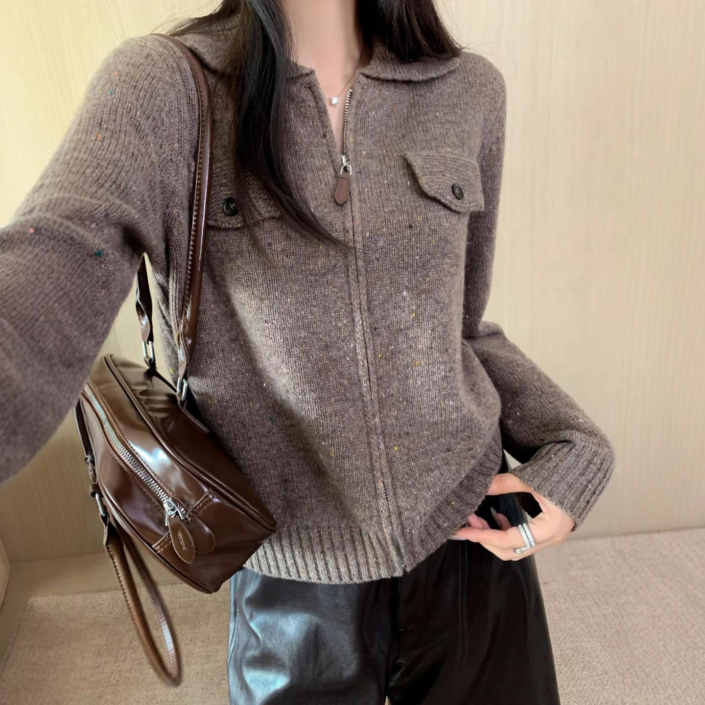 普洛克新款 秋冬老钱风翻领拉链针织开衫绵羊毛毛衣外套女彩点夹