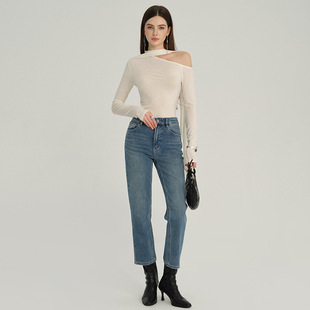普洛克正品美派秋季高端四季牛仔裤女高腰小个子九分裤四面弹直筒