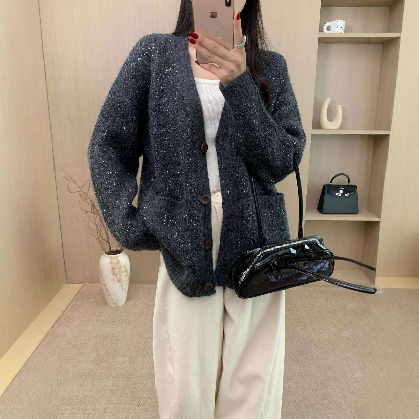 普洛克新款 宽松慵懒领针织羊毛马海毛开衫外套女加厚珠片纱中长