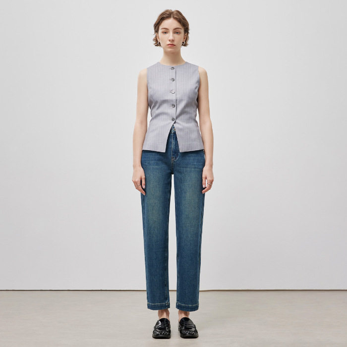 普洛克正品质高腰牛仔裤女春新品复古蓝九分直筒裤显瘦法棍烟管裤