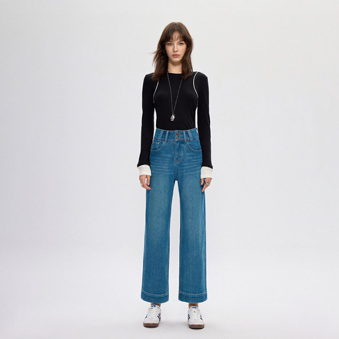 普洛克正品秋季新款四面弹双粒扣九分牛仔裤女高腰高端直筒宽边裤