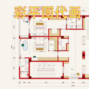 ps彩平图代画cad平面图描图景观园林卡通手绘家装户型彩色定制图
