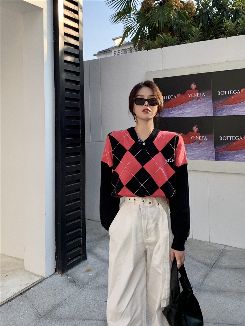 Real price diamond Plaid splicing V-neck Pullover Sweater white leg long high waist straight pants