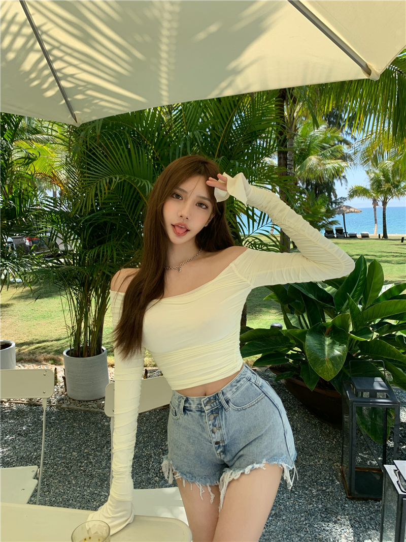 Real price soft French double layer gauze pleated sexy lotus sleeve top slim short T-shirt