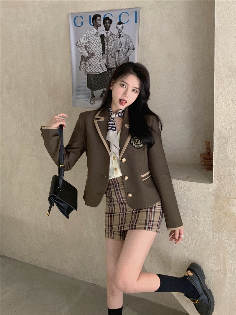 Real shot real price college style suit coat + cream Knitted Vest + Plaid hip skirt