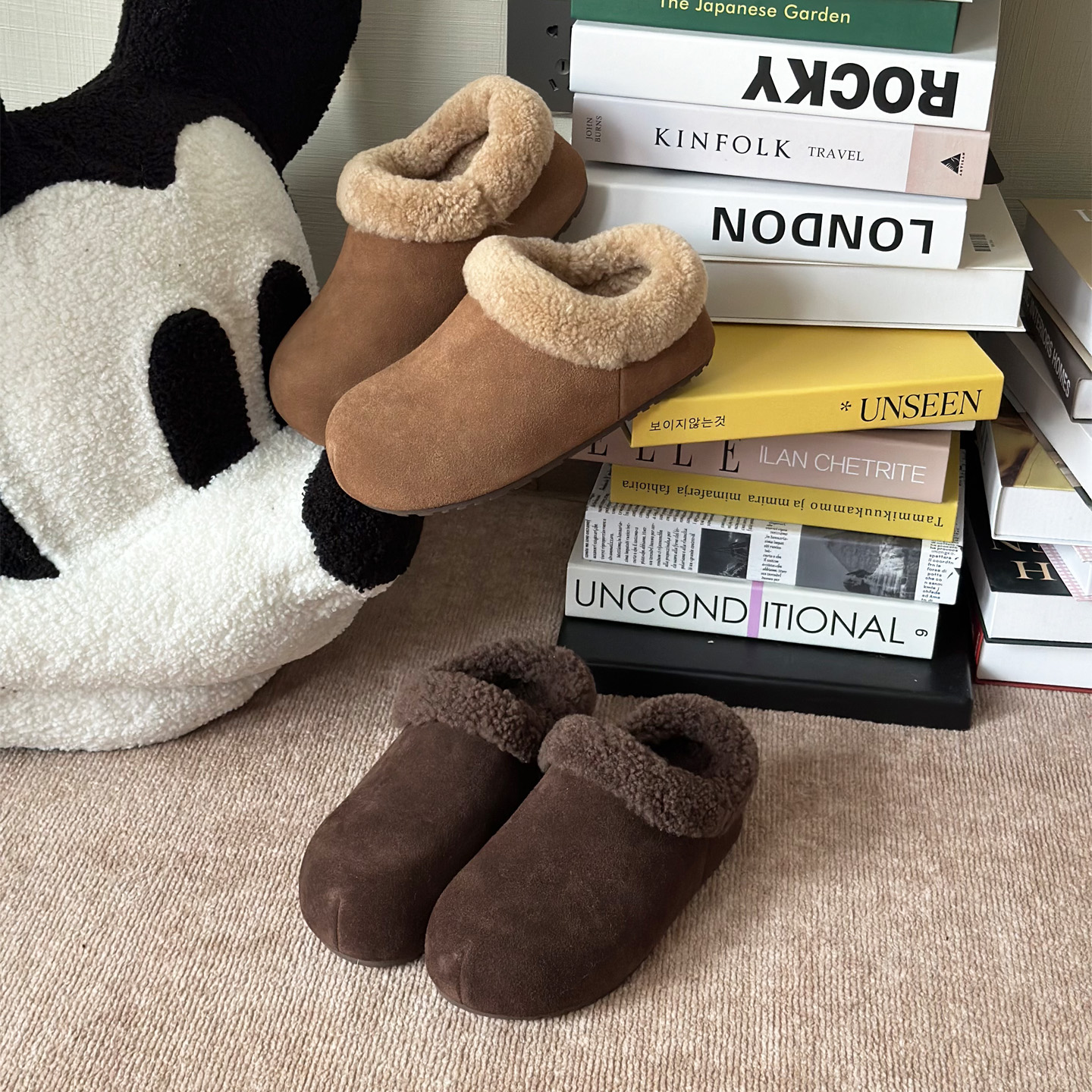 2025冬季百搭加绒保暖勃肯鞋女内增高防滑圆头毛绒懒人一脚蹬鞋