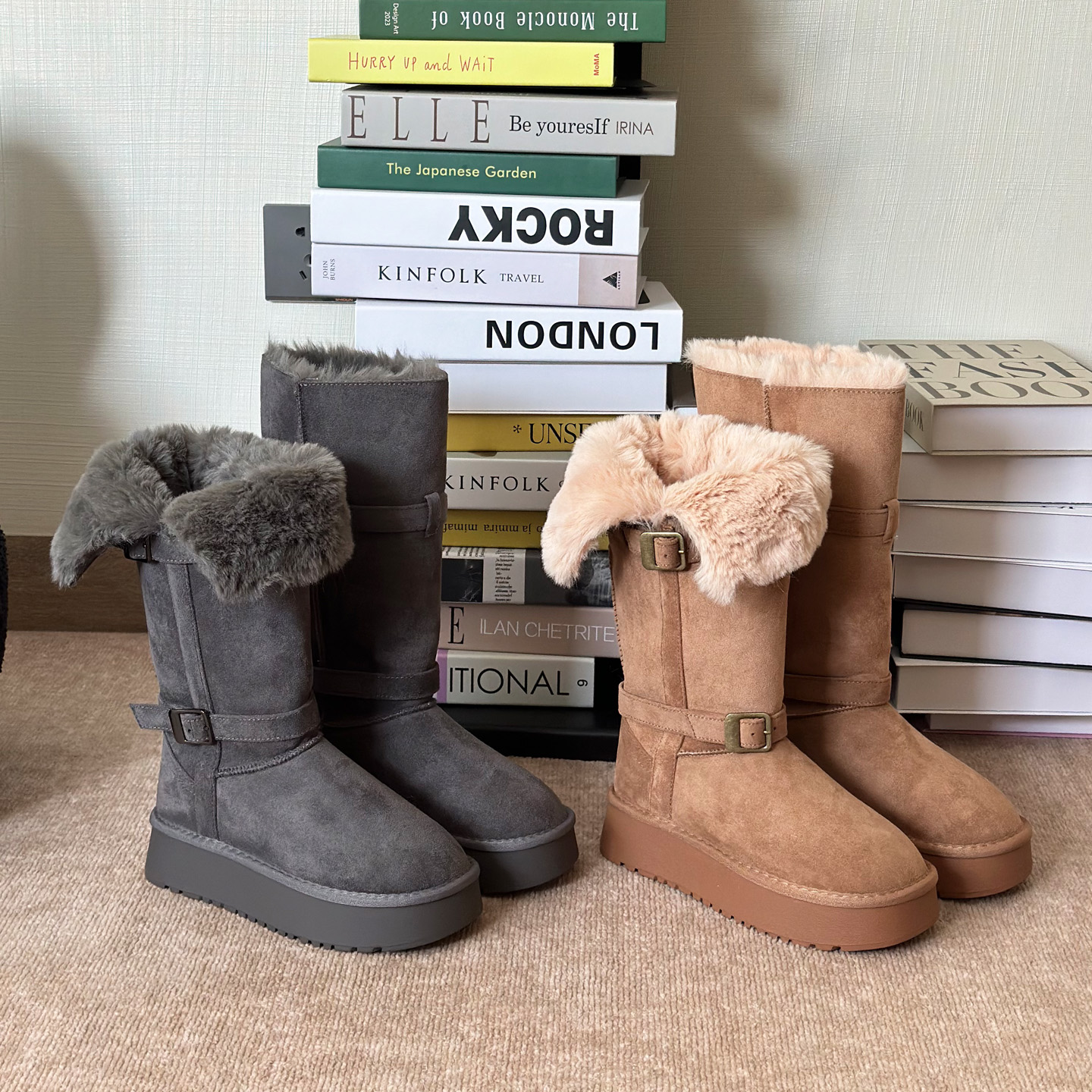 2025秋冬厚底扣带毛毛翻边两穿雪地靴女加绒保暖防滑百搭中筒靴