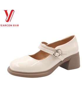 意尔康秋季新款女鞋2025漆皮跟女S562AA04879U小玛丽皮鞋珍鞋粗高