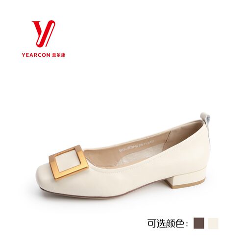 意尔康女鞋2026新款秋季真皮方头单鞋女浅粗跟小皮鞋6551AA18576Y