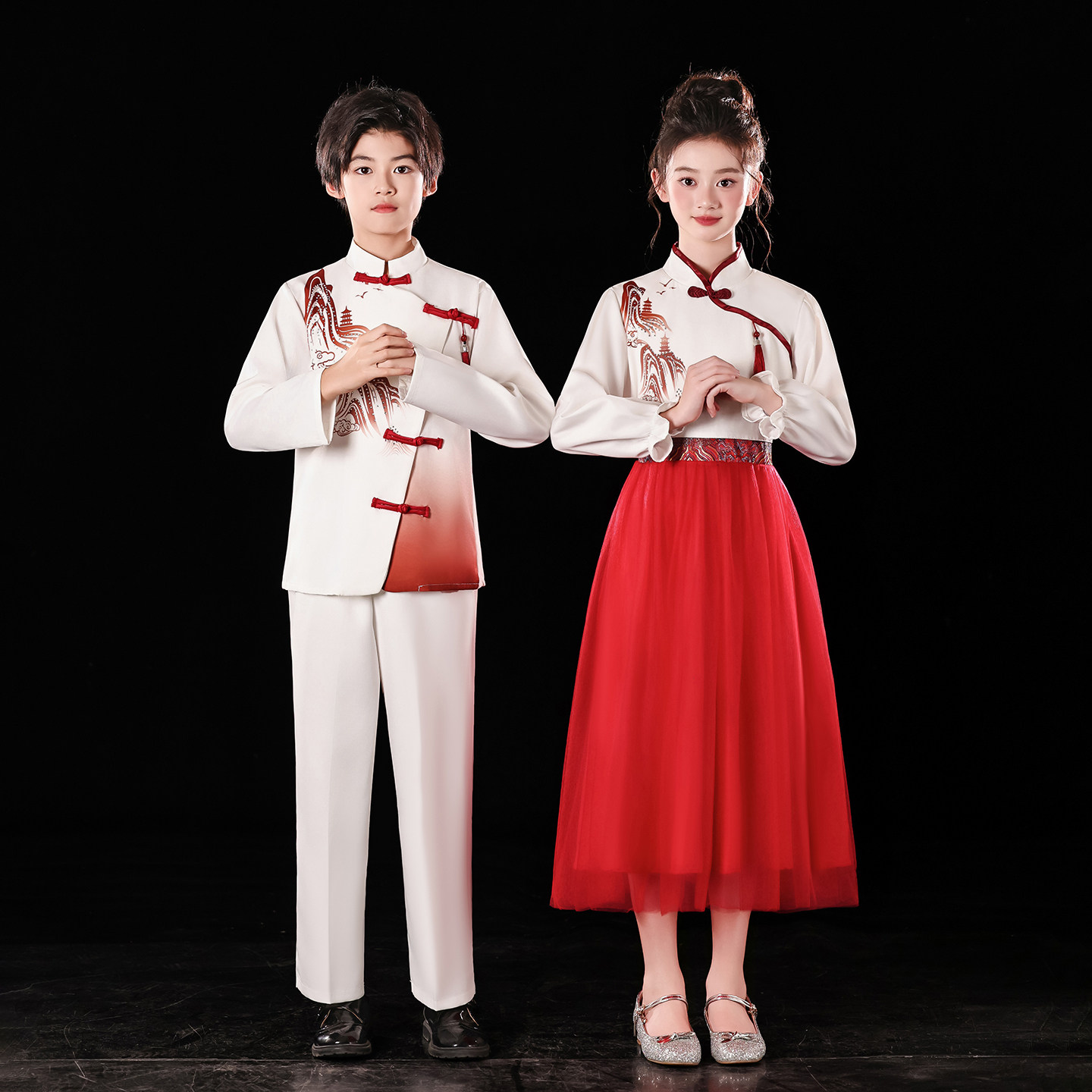 国庆儿童合唱演出服中国风礼服小学生合唱团朗诵表演服装红色爱国
