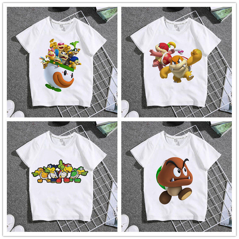 跨境超级马里奥经典卡通男女T恤 夏季童装短袖白色亲子装学生上衣