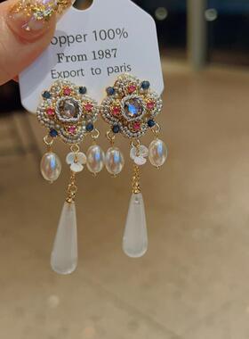 复古水晶珍珠925银针长款耳环