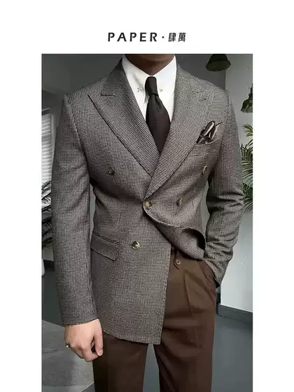 Paper Sihwan Retro Double-Breasted Peaked Lapel Suit Casual Gentleman's Suit Naples Suit Houndstooth Single-Breasted Suit