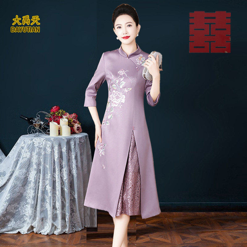 高端喜婆婆婚宴装结婚妈妈礼服旗袍改良年轻丈母娘遮肚子连衣裙