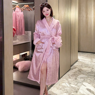 DIMDEVL汀黛25秋冬新款 睡袍顽皮豹粉色双层缎面加绒家居情侣睡袍