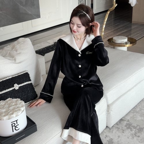 黑白撞色丝绒睡衣居家服两件套