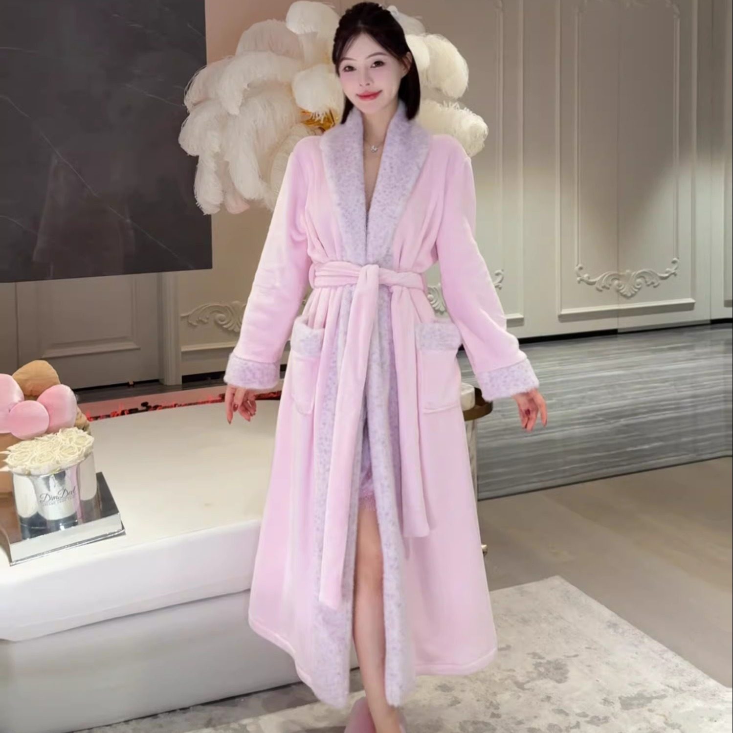 DIMDEVL汀黛25冬季新款睡袍女麋鹿加厚保暖粉色法兰绒拼接领