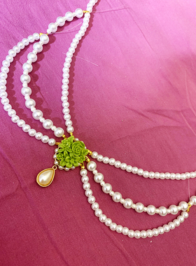 复古珍珠项链莫奈花园春日翠绿花簇树脂花法式优雅lolitacla项链