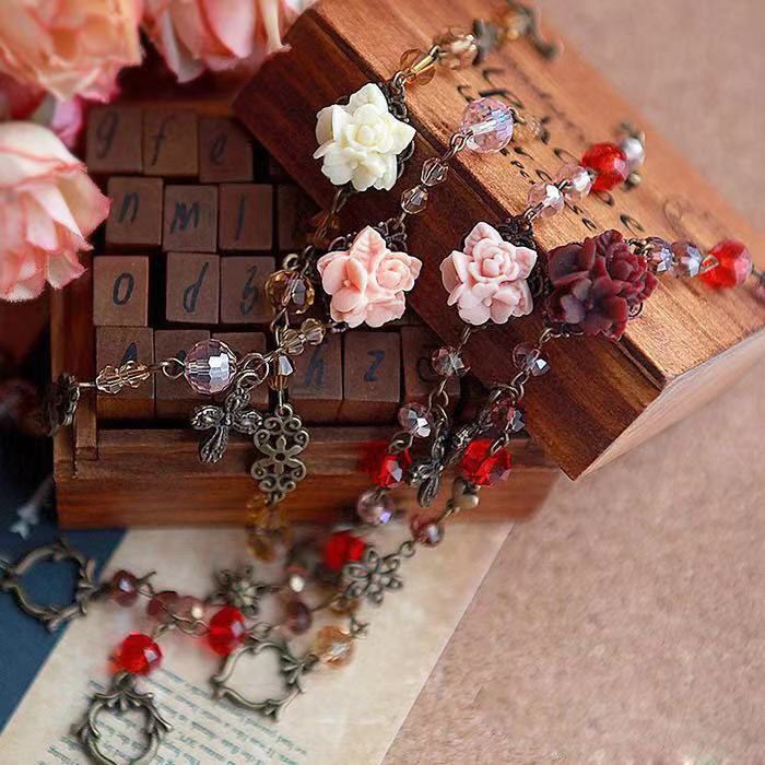 洛栗手作多色蔷薇玫瑰花簇水晶独特春夏少女手链lolita腕饰女日系