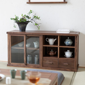 九间房新中式榻榻米茶事柜橱柜北美黑胡桃木收纳柜实木落地茶边柜