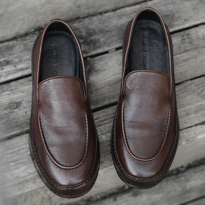复古羊皮鞋男真皮低帮休闲皮鞋套脚透气乐福鞋一脚蹬懒人鞋豆豆鞋,流行男鞋,乐福鞋（豆豆鞋）,淘宝优惠券,粉丝福利购,淘宝优惠卷