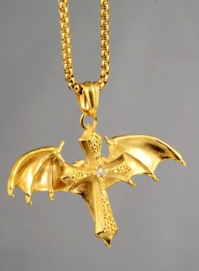 外贸爆款 时尚复古十字翼龙金色宝剑吊坠嘻哈夜光项链 速卖通