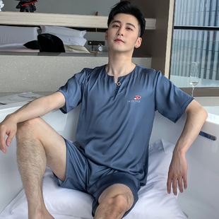 睡衣男士夏季薄款冰丝短袖短裤宽松大码真丝绸套头休闲家居服套装