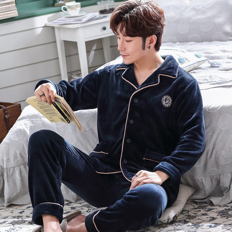 春秋珊瑚绒睡衣男冬季薄款法兰绒男士休闲开衫胖子宽松加肥加大码