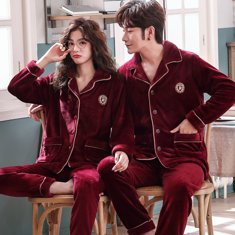 法兰绒红色加厚情侣睡衣秋冬新款