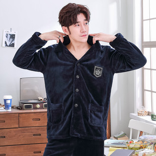 冬季珊瑚绒睡衣男加绒加厚秋冬男士法兰绒冬天保暖男款家居服套装