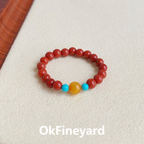 OkFineyard天然南红玛瑙戒指女小众设计绿松石蜜蜡串珠尾戒食指环