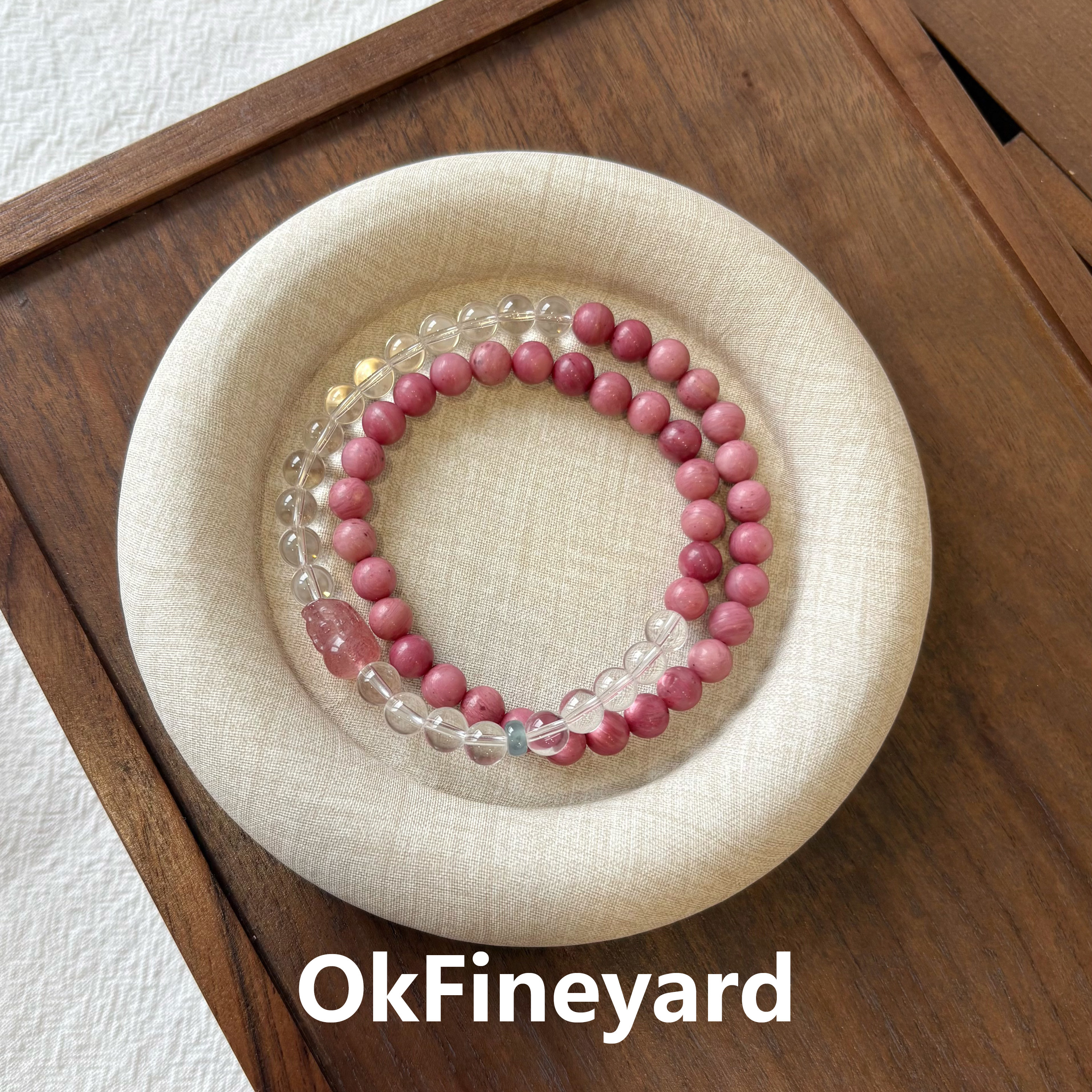 OkFineyard【未央】天然红木纹石双圈手串女小众设计水晶串珠手链