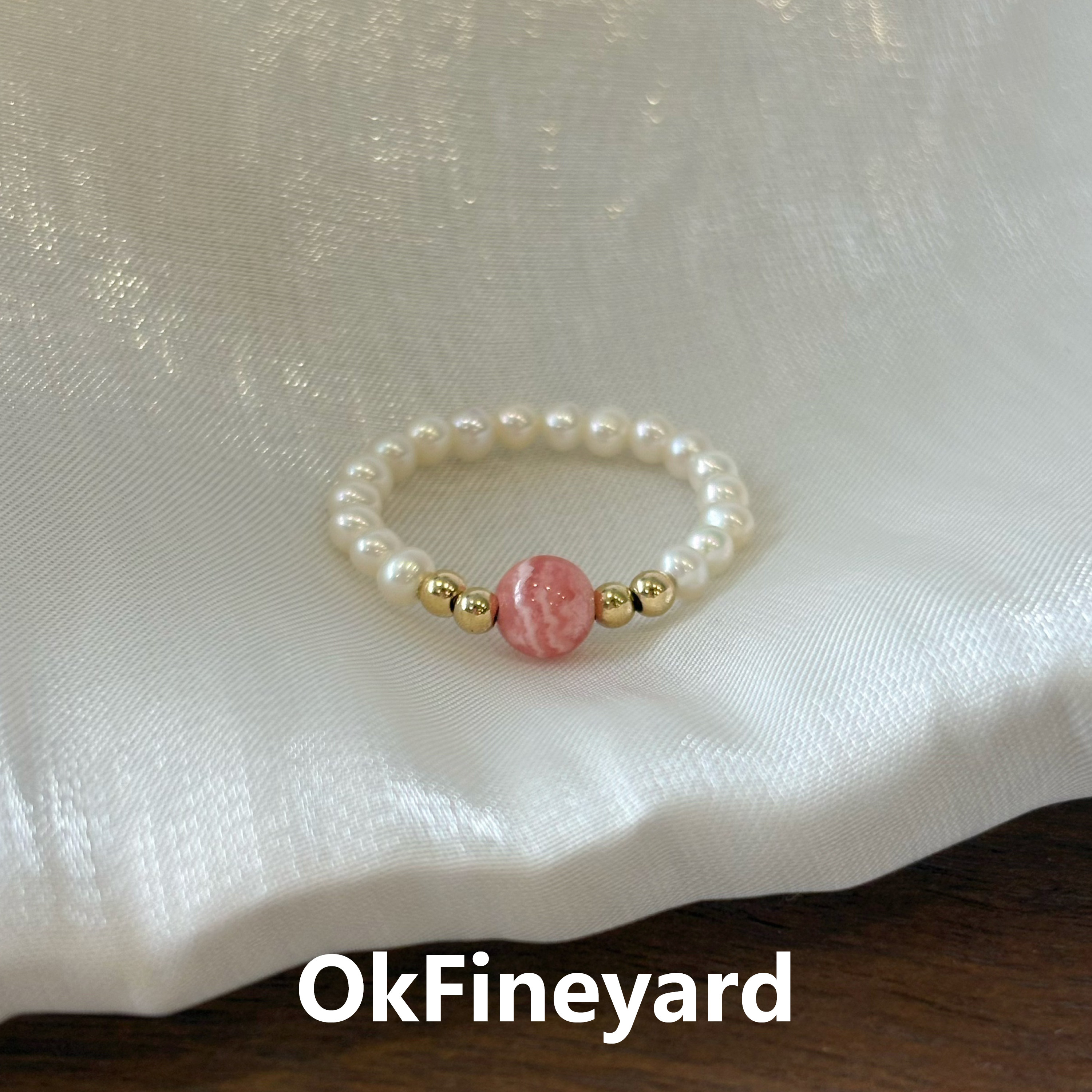 OkFineyard【桃之】天然珍珠红纹石戒指女小众设计轻奢高级感指环