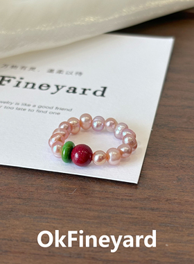 OkFineyard天然彩色珍珠戒指女小众设计轻奢高级感朱砂串珠食指环