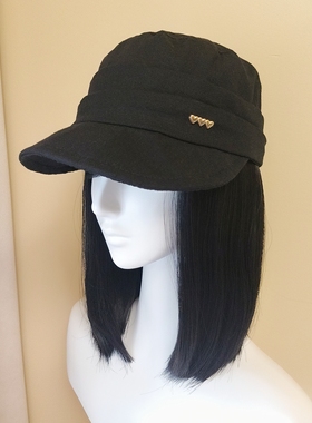 新品马术帽假发一体可拆卸宽沿显脸小短款锁骨发鸭舌帽春夏报童帽