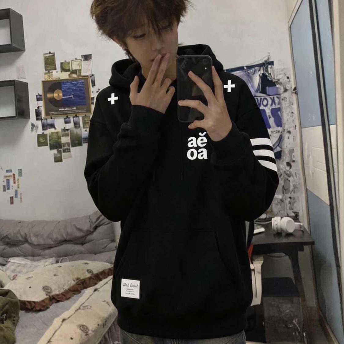 新款三条杠ae刺绣连帽卫衣图片