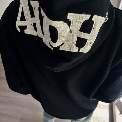 美式高街字母刺绣帽衫卫衣男款秋冬加绒加厚黑色重磅加绒情侣外套