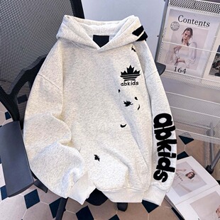 国潮牌灰色字母刺绣连帽卫衣男女秋冬潮牌青少年宽松外套加绒上衣