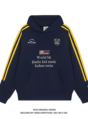 亿万少年BUF徽章U织带连帽卫衣男女秋冬美式复古运动情侣帽衫外套