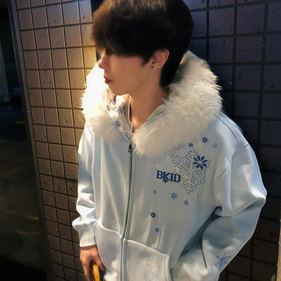 美式高街蓝色雪花刺绣连帽卫衣