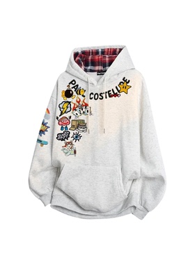 PAUL COSTELLOE保罗科斯特洛满印涂鸦印花拼接格纹落肩连帽卫衣