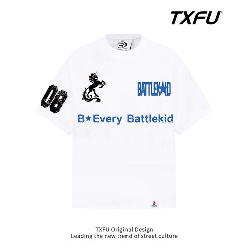 TXFU战马做旧字母刺绣短袖T恤