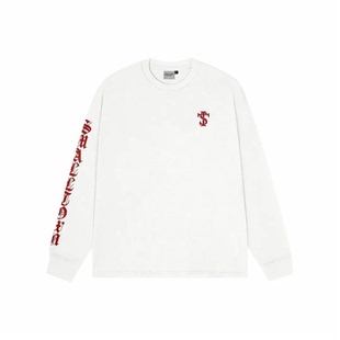 STK美式复古重磅纯棉潮牌休闲宽松拉浆印花体字长袖T恤春秋上衣